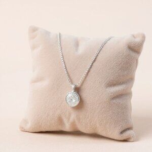 Silver-Tone Pendant Necklace With Rhinestone Pave Round Charm 18" Adjustable Cha
